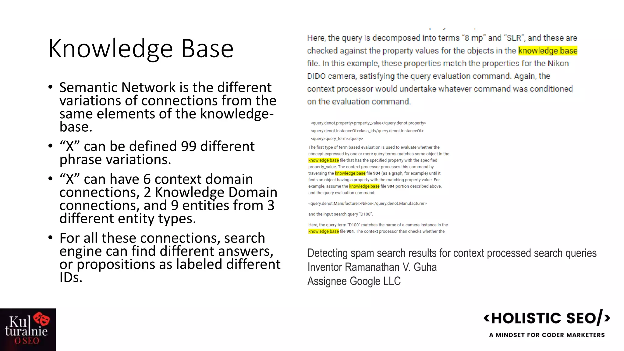 Knowledge Base
• Semantic Network is the different
variations of connections from the
same elements of the knowledge-
base.
• “X” can be defined 99 different
phrase variations.
• “X” can have 6 context domain
connections, 2 Knowledge Domain
connections, and 9 entities from 3
different entity types.
• For all these connections, search
engine can find different answers,
or propositions as labeled different
IDs.
Detecting spam search results for context processed search queries
Inventor Ramanathan V. Guha
Assignee Google LLC
 