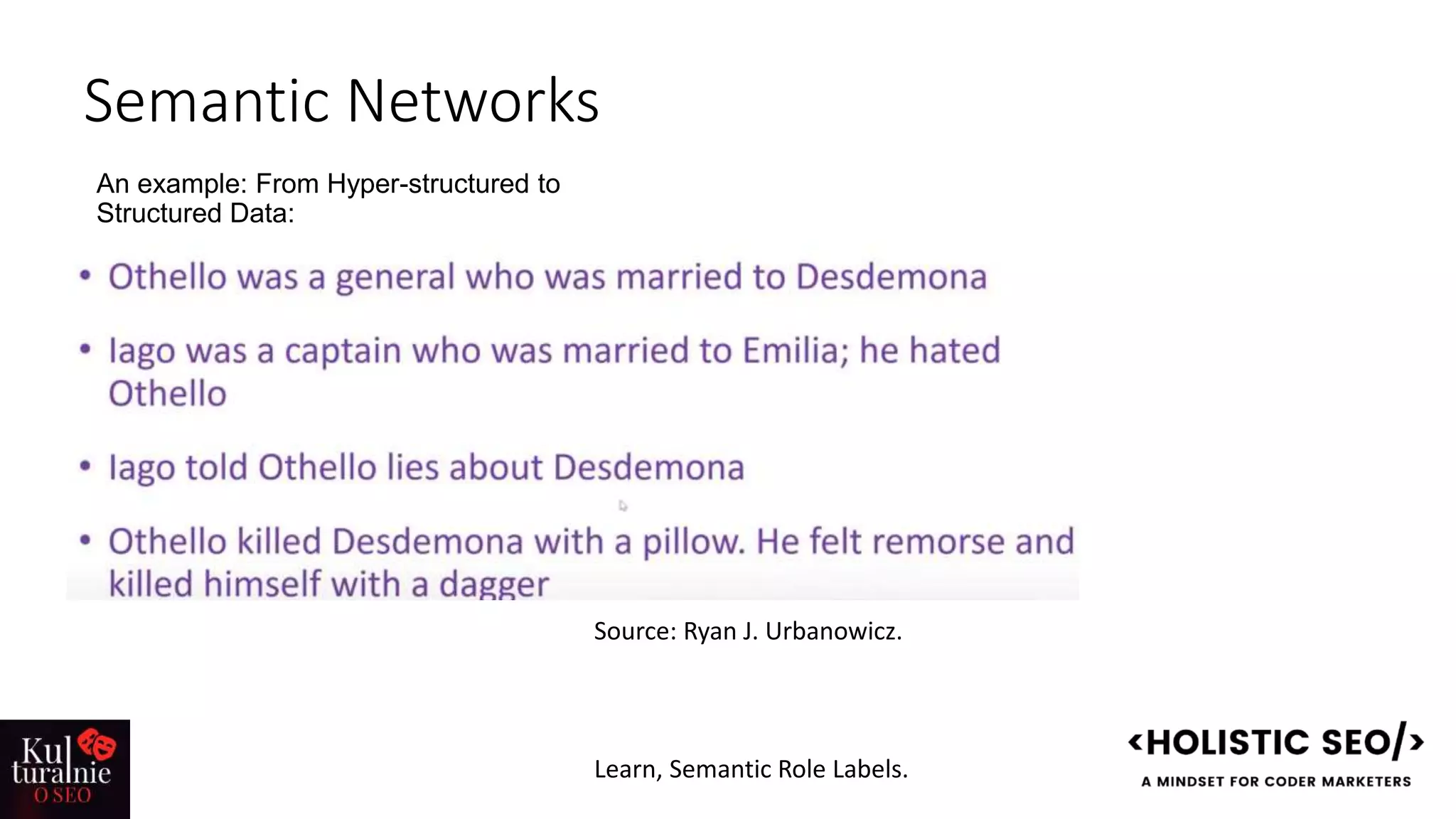 Semantic Networks
An example: From Hyper-structured to
Structured Data:
Source: Ryan J. Urbanowicz.
Learn, Semantic Role Labels.
 