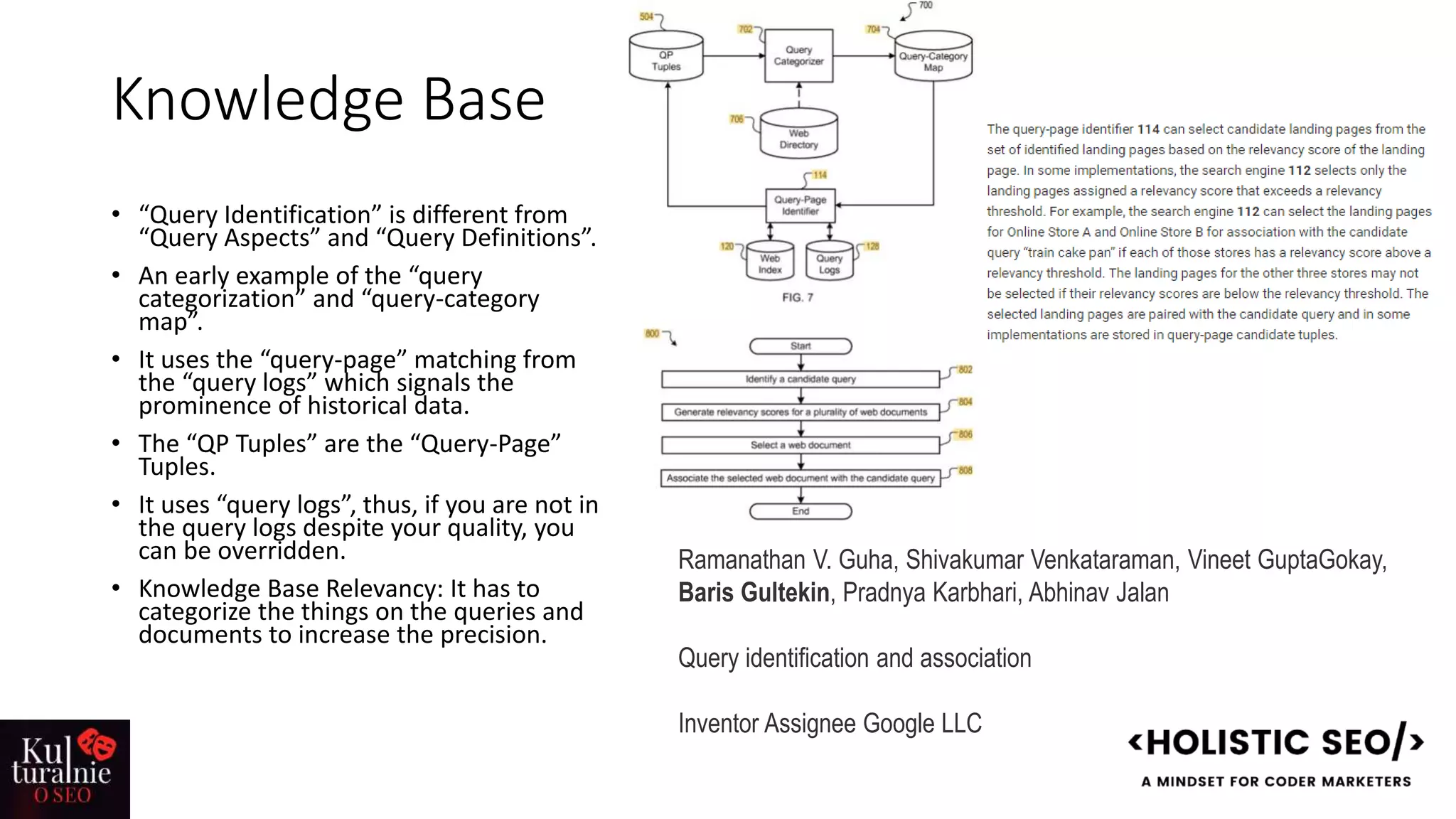 Knowledge Base
• “Query Identification” is different from
“Query Aspects” and “Query Definitions”.
• An early example of the “query
categorization” and “query-category
map”.
• It uses the “query-page” matching from
the “query logs” which signals the
prominence of historical data.
• The “QP Tuples” are the “Query-Page”
Tuples.
• It uses “query logs”, thus, if you are not in
the query logs despite your quality, you
can be overridden.
• Knowledge Base Relevancy: It has to
categorize the things on the queries and
documents to increase the precision.
Ramanathan V. Guha, Shivakumar Venkataraman, Vineet GuptaGokay,
Baris Gultekin, Pradnya Karbhari, Abhinav Jalan
Query identification and association
Inventor Assignee Google LLC
 