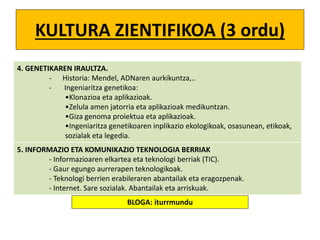KULTURA ZIENTIFIKOA (3 ordu)
4. GENETIKAREN IRAULTZA.
- Historia: Mendel, ADNaren aurkikuntza,..
- Ingeniaritza genetikoa:
•Klonazioa eta aplikazioak.
•Zelula amen jatorria eta aplikazioak medikuntzan.
•Giza genoma proiektua eta aplikazioak.
•Ingeniaritza genetikoaren inplikazio ekologikoak, osasunean, etikoak,
sozialak eta legedia.
5. INFORMAZIO ETA KOMUNIKAZIO TEKNOLOGIA BERRIAK
- Informazioaren elkartea eta teknologi berriak (TIC).
- Gaur egungo aurrerapen teknologikoak.
- Teknologi berrien erabileraren abantailak eta eragozpenak.
- Internet. Sare sozialak. Abantailak eta arriskuak.
BLOGA: iturrmundu
 