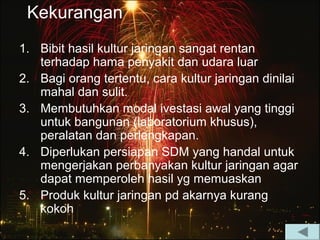 Kekurangan 
1. Bibit hasil kultur jaringan sangat rentan 
terhadap hama penyakit dan udara luar 
2. Bagi orang tertentu, cara kultur jaringan dinilai 
mahal dan sulit. 
3. Membutuhkan modal ivestasi awal yang tinggi 
untuk bangunan (laboratorium khusus), 
peralatan dan perlengkapan. 
4. Diperlukan persiapan SDM yang handal untuk 
mengerjakan perbanyakan kultur jaringan agar 
dapat memperoleh hasil yg memuaskan 
5. Produk kultur jaringan pd akarnya kurang 
kokoh 
 