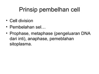 Prinsip pembelhan cell 
• Cell division 
• Pembelahan sel… 
• Prophase, metaphase (pengeluaran DNA 
dari inti), anaphase, pemeblahan 
sitoplasma. 
