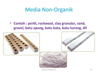 Media Non-Organik
• Contoh : perlit, rockwool, clay granular, sand,
gravel, batu apung, batu bata, batu karang, dll
20Print By Aidatul Fitri
 