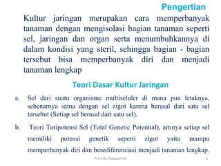 Kultur jaringan merupakan cara memperbanyak
tanaman dengan mengisolasi bagian tanaman seperti
sel, jaringan dan organ serta menumbuhkannya di
dalam kondisi yang steril, sehingga bagian - bagian
tersebut bisa memperbanyak diri dan menjadi
tanaman lengkap
Pengertian
Teori Dasar Kultur Jaringan
a. Sel dari suatu organisme multiseluler di mana pun letaknya,
sebenarnya sama dengan sel zigot karena berasal dari satu sel
tersebut (Setiap sel berasal dari satu sel).
b. Teori Totipotensi Sel (Total Genetic Potential), artinya setiap sel
memiliki potensi genetik seperti zigot yaitu mampu
memperbanyak diri dan berediferensiasi menjadi tanaman lengkap.
3Print By Aidatul Fitri
 