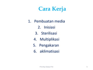 Cara Kerja
1. Pembuatan media
2. Inisiasi
3. Sterilisasi
4. Multiplikasi
5. Pengakaran
6. aklimatisasi
5Print By Aidatul Fitri
 