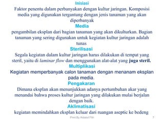 Inisiasi
Faktor penentu dalam perbanyakan dengan kultur jaringan. Komposisi
media yang digunakan tergantung dengan jenis tanaman yang akan
diperbanyak
Media
pengambilan eksplan dari bagian tanaman yang akan dikulturkan. Bagian
tanaman yang sering digunakan untuk kegiatan kultur jaringan adalah
tunas
Sterilisasi
Segala kegiatan dalam kultur jaringan harus dilakukan di tempat yang
steril, yaitu di laminar flow dan menggunakan alat-alat yang juga steril.
Multiplikasi
Kegiatan memperbanyak calon tanaman dengan menanam eksplan
pada media.
Pengakaran
Dimana eksplan akan menunjukkan adanya pertumbuhan akar yang
menandai bahwa proses kultur jaringan yang dilakukan mulai berjalan
dengan baik.
Aklimatisasi
kegiatan memindahkan eksplan keluar dari ruangan aseptic ke bedeng
7Print By Aidatul Fitri
 