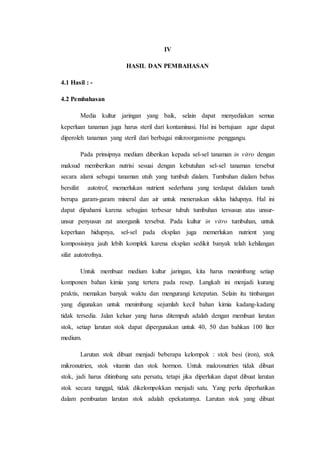 IV
HASIL DAN PEMBAHASAN
4.1 Hasil : -
4.2 Pembahasan
Media kultur jaringan yang baik, selain dapat menyediakan semua
keperluan tanaman juga harus steril dari kontaminasi. Hal ini bertujuan agar dapat
diperoleh tanaman yang steril dari berbagai mikroorganisme penggangu.
Pada prinsipnya medium diberikan kepada sel-sel tanaman in vitro dengan
maksud memberikan nutrisi sesuai dengan kebutuhan sel-sel tanaman tersebut
secara alami sebagai tanaman utuh yang tumbuh dialam. Tumbuhan dialam bebas
bersifat autotrof, memerlukan nutrient sederhana yang terdapat didalam tanah
berupa garam-garam mineral dan air untuk meneruskan siklus hidupnya. Hal ini
dapat dipahami karena sebagian terbesar tubuh tumbuhan tersusun atas unsur-
unsur penyusun zat anorganik tersebut. Pada kultur in vitro tumbuhan, untuk
keperluan hidupnya, sel-sel pada eksplan juga memerlukan nutrient yang
komposisinya jauh lebih komplek karena eksplan sedikit banyak telah kehilangan
sifat autotrofnya.
Untuk membuat medium kultur jaringan, kita harus menimbang setiap
komponen bahan kimia yang tertera pada resep. Langkah ini menjadi kurang
praktis, memakan banyak waktu dan mengurangi ketepatan. Selain itu timbangan
yang digunakan untuk menimbang sejumlah kecil bahan kimia kadang-kadang
tidak tersedia. Jalan keluar yang harus ditempuh adalah dengan membuat larutan
stok, setiap larutan stok dapat dipergunakan untuk 40, 50 dan bahkan 100 liter
medium.
Larutan stok dibuat menjadi beberapa kelompok : stok besi (iron), stok
mikronutrien, stok vitamin dan stok hormon. Untuk makronutrien tidak dibuat
stok, jadi harus ditimbang satu persatu, tetapi jika diperlukan dapat dibuat larutan
stok secara tunggal, tidak dikelompokkan menjadi satu. Yang perlu diperhatikan
dalam pembuatan larutan stok adalah epekatannya. Larutan stok yang dibuat
 