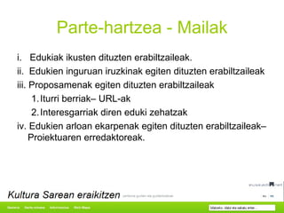 Parte-hartzea - Mailak i.  Edukiak ikusten dituzten erabiltzaileak.  ii.  Edukien inguruan iruzkinak egiten dituzten erabiltzaileak iii. Proposamenak egiten dituzten erabiltzaileak 1. Iturri berriak– URL-ak 2. Interesgarriak diren eduki zehatzak iv. Edukien arloan ekarpenak egiten dituzten erabiltzaileak– Proiektuaren erredaktoreak. 