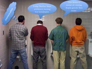 Enligt Barthes finns artifaktens mening hos betraktaren  Och Kristeva menar att mening skapas genom flera texter  intertextualitet 