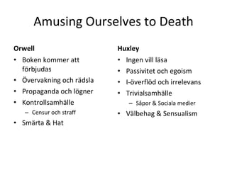 Amusing Ourselves to Death Orwell Boken kommer att förbjudas Övervakning och rädsla Propaganda och lögner Kontrollsamhälle Censur och straff Smärta & Hat Huxley Ingen vill läsa Passivitet och egoism I-överflöd och irrelevans Trivialsamhälle Såpor & Sociala medier Välbehag & Sensualism 