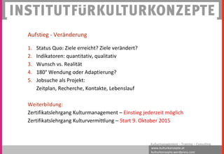 www.kulturkonzepte.at
kulturkonzepte.wordpress.com
Kulturmanagement – Training – Consulting
Aufstieg - Veränderung
1. Status Quo: Ziele erreicht? Ziele verändert?
2. Indikatoren: quantitativ, qualitativ
3. Wunsch vs. Realität
4. 180° Wendung oder Adaptierung?
5. Jobsuche als Projekt:
Zeitplan, Recherche, Kontakte, Lebenslauf
Weiterbildung:
Zertifikatslehrgang Kulturmanagement – Einstieg jederzeit möglich
Zertifikatslehrgang Kulturvermittlung – Start 9. Oktober 2015
 