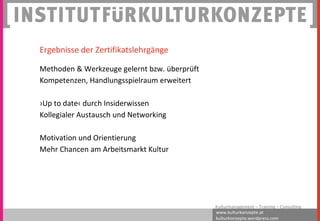 www.kulturkonzepte.at
kulturkonzepte.wordpress.com
Kulturmanagement – Training – Consulting
Ergebnisse der Zertifikatslehrgänge
Methoden & Werkzeuge gelernt bzw. überprüft
Kompetenzen, Handlungsspielraum erweitert
›Up to date‹ durch Insiderwissen
Kollegialer Austausch und Networking
Motivation und Orientierung
Mehr Chancen am Arbeitsmarkt Kultur
 