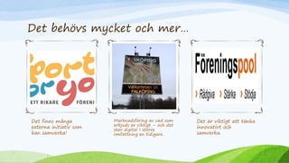 Det behövs mycket och mer…
Det finns många
externa initiativ som
kan samverka!
Marknadsföring av vad som
erbjuds är viktigt – och det
sker digital I större
omfattning en tidigare.
Det är viktigt att tänka
innovativt och
samverka.
 
