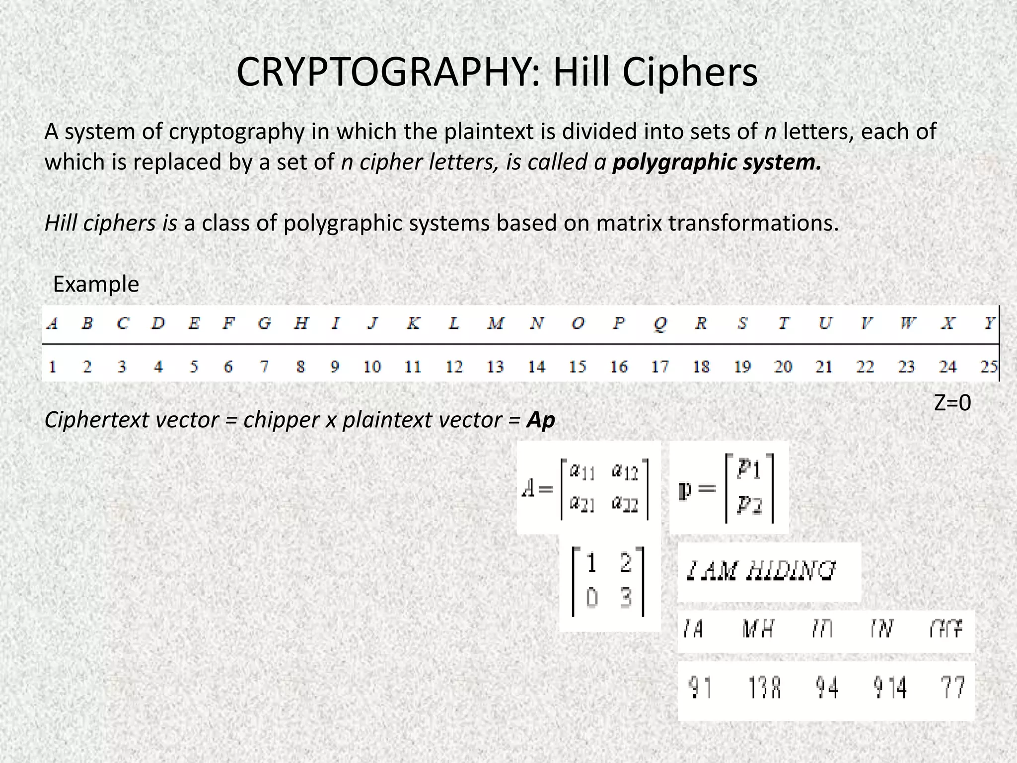 CRYPTOGRAPHY: Hill Ciphers
A system of cryptography in which the plaintext is divided into sets of n letters, each of
which is replaced by a set of n cipher letters, is called a polygraphic system.
Hill ciphers is a class of polygraphic systems based on matrix transformations.
Example

Ciphertext vector = chipper x plaintext vector = Ap

Z=0

 