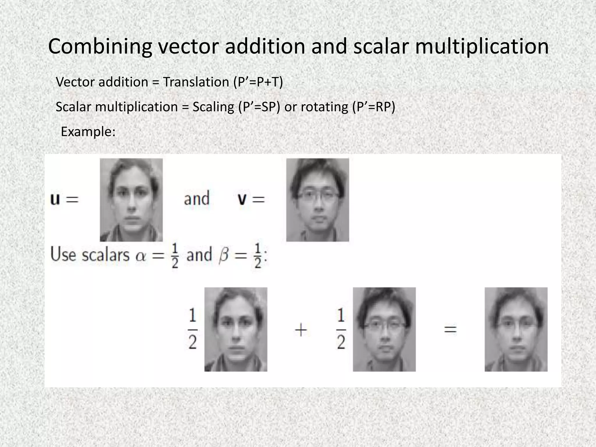 Combining vector addition and scalar multiplication
Vector addition = Translation (P’=P+T)
Scalar multiplication = Scaling (P’=SP) or rotating (P’=RP)
Example:

 