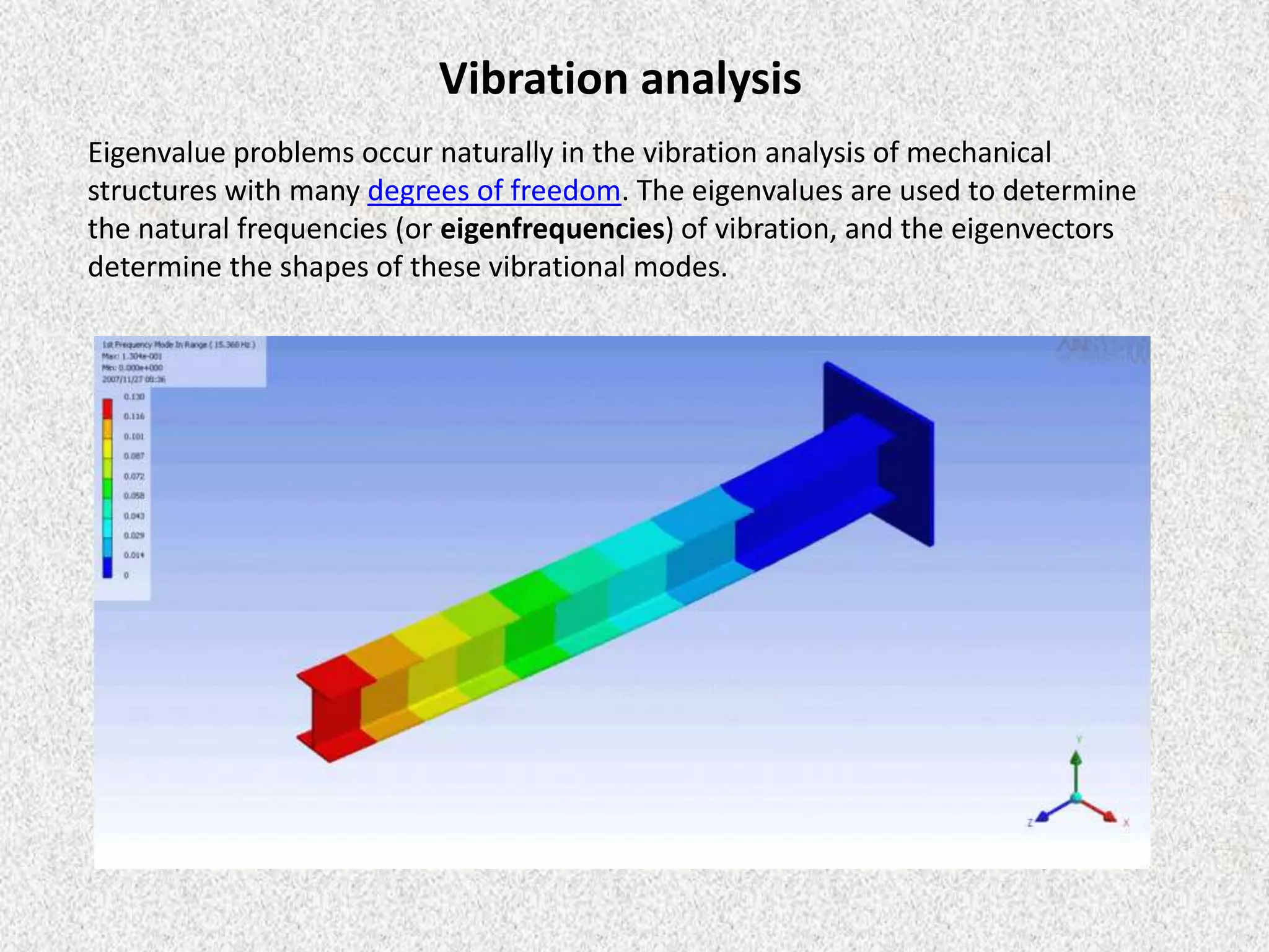 Vibration analysis
Eigenvalue problems occur naturally in the vibration analysis of mechanical
structures with many degrees of freedom. The eigenvalues are used to determine
the natural frequencies (or eigenfrequencies) of vibration, and the eigenvectors
determine the shapes of these vibrational modes.

 