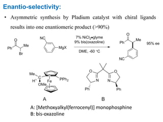 Enantio-selectivity:
• Asymmetric synthesis by Pladium catalyst with chiral ligands
results into one enantiomeric product (>90%)
A: [Methoxyalkyl(ferrocenyl)] monophosphine
B: bis-oxazoline
 