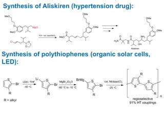 Synthesis of Aliskiren (hypertension drug):
Synthesis of polythiophenes (organic solar cells,
LED):
 