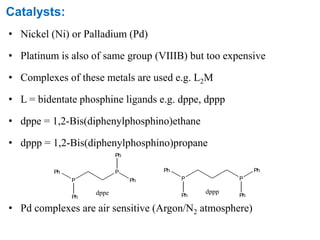 Catalysts:
• Nickel (Ni) or Palladium (Pd)
• Platinum is also of same group (VIIIB) but too expensive
• Complexes of these metals are used e.g. L2M
• L = bidentate phosphine ligands e.g. dppe, dppp
• dppe = 1,2-Bis(diphenylphosphino)ethane
• dppp = 1,2-Bis(diphenylphosphino)propane
• Pd complexes are air sensitive (Argon/N2 atmosphere)
P
P
Ph
Ph
Ph
Ph
P P
Ph
Ph
Ph
Phdppe dppp
 