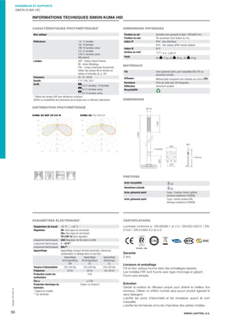 ENSEMBLES ET SUPPORTS

SIMON KUMA HID

INFORMATIONS TECHNIQUES SIMON KUMA HID
CARACTÉRISTIQUES PHOTOMÉTRIQUES*
Bloc optique
11L 11 lamelles
16L 16 lamelles
16N 16 lamelles noires
21L 21 lamelles
21N 21 lamelles noires
WB extensif
SHP - Sodium Haute Pression
IM - Iodure Métallique
FSD - Lampe à décharge ﬂuorescente
Utiliser des lampes IM en fonction du
tableau d'intensités (A), p. 261.
55, 70, 100 W
E-27, E40, 2G11

Réﬂecteurs

Lampes

Puissance
Douille
ULOR

E4 21 lamelles / 16 lamelles
E2 21 lamelles noires
E3 16 lamelles noires
* Utiliser des lampes SHP sans démarreur incorporé.
Vériﬁer la compatibilité des dimensions de la lampe avec le réﬂecteur sélectionné.

DIMENSIONS PHYSIQUES
Fixation au sol
Fixation au mur
Indice IP
Indice IK
Surface au vent
Poids

Semelles avec goussets et tiges : M22x600 mm.
Par accessoire avec ﬁxation au mur.
IP44 - bloc électrique
IP54 - bloc optique (IP66 module optique)
IK10
4 m : 0,88 m²
GV

73 kg, AS

38 kg , SS

54 kg

MATÉRIAUX
Fût

Acier galvanisé peint, acier inoxydable AISI 316 ou
aluminium extrudé.

Diffuseur

Méthacrylate transparent très résistant aux chocs.
Porte de visite avec clé triangulaire
Aluminium anodisé

Fermeture
Réﬂecteur
Recyclabilité

DIMENSIONS

DISTRIBUTION PHOTOMÉTRIQUE
KUMA AS SHP 2X100 W

KUMA AS FSD 4X55 W

M22

115x400

L = 600 mm

300

FINITIONS
Acier inoxydable
Aluminium extrudé
Acier galvanisé peint
Acier galvanisé peint

PARAMÈTRES ÉLECTRIQUES*
Température de travail
Régulation

Impreso: 2013-05-13

uniquement électroniques
uniquement électroniques
uniquement électroniques
Appareillage

56

Tension d'alimentation
Fréquence
Protection contre les
surtensions
Cos ĳ
Protection électrique du
luminaire
* Dépend du modèle
** Sur demande

SS
AS
Corps : Couleurs Simon Lighting
(Anneaux enjoliveurs GY9006)
Corps : Autres couleurs RAL
(Anneaux enjoliveurs GY9006)

CERTIFICATIONS

-40 °C … +40 °C
2N- Sans ligne de commande
2N+ Avec ligne de commande
1N (100 %) Sans régulation
CAD Régulateur de ﬂux situé à la tête
1 - 10 V**
DALI**
Appareillage compact dernière génération, démarreur,
condensateur et câblage dans un seul bloc.
Appareillage
Appareillage
Appareillage
électronique
ferromagnétique
ferromagnétique
EL
EG
EM
220-240 Vac
220-240 Vac
220-240 Vac
50 Hz
60 Hz
50 / 60 Hz
4 kV
≥ 0,95
Classe I ou Classe II

Luminaire conforme à : EN-60598-1 et 2-3 / EN-ISO-55015 / EN61547 / EN 61000-3-2 et 3-3

ES-0042 / 1995

Garantie
2 ans.
Livraison et emballage
Fût et bloc optique fournis dans des emballages séparés.
Les modèles FRF sont fournis avec tiges d'ancrage et gabarit.
Fourni sans lampes.
Entretien
Garder la surface du diffuseur propre pour obtenir le meilleur ﬂux
lumineux. Utiliser un chiffon humide sans aucun produit agressif et
sans détergent.
Lubriﬁer les joints d'étanchéité et les remplacer quand ils sont
craquelés.
Lubriﬁer les fermetures et/ou les charnières des parties mobiles.
SIMON LIGHTING, S.A.

 