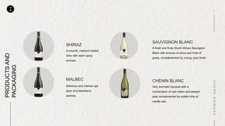 P
M
SHIRAZ
A smooth, medium bodied
wine with warm spicy
aromas.
MALBEC
Delicious and intense ripe
plum and blackberry
aromas.
SAUVIGNON BLANC
A fresh and fruity South African Sauvignon
Blanc with aromas of citrus and hints of
grass, complemented by a long, juicy finish.
PRODUCTSAND
PACKAGING
CHENIN BLANC
Very aromatic bouquet with a
combination of ripe melon and stewed
pear complimented by subtle hints of
vanilla oak.
 