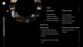 P
M
Sales
promotion
Kumala Reserve
products are mostly
available at discounted
prices in supermarkets
Public relation
The Daily Mail has
teamed up with Kumala
Wines and Sir Ian
Botham’s charity to offer
a trip to South Africa
Only have a presence on
Facebook
Online and social media
COMMUNICATIONS
• Hosting iGoogle Hangout, an
interactive and fun wine tasting
hosted by its head winemaker, Ben
Jordaan
• Participating .Dinner to Dine Road
show
Events and
experiences
 