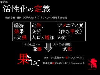 第壱部	


 活性化の定義	
  経済学者：増田 賀照氏（ますだ よしてる）の唱導する定義	


        経済 定住、        アメニティ度
        効果 交流         （住み甲斐）
        の実現	
 人口の増加	
 の向上	

          ネット社会への        人々の価値観の
             変遷              変化	
                             




        果	
た	
            し	
 	
             て
                     ただ、その定義だけが磐石なものなのか？	

                    熊本を継続的に活性化させるものなのか？	
 