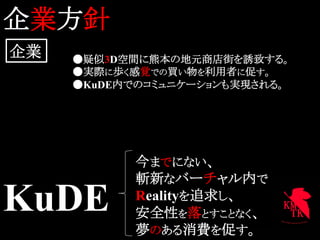 企業方針	
企業	
   ●疑似3D空間に熊本の地元商店街を誘致する。
       ●実際に歩く感覚での買い物を利用者に促す。
       ●KuDE内でのコミュニケーションも実現される。




             今までにない、
             斬新なバーチャル内で
KuDE	
       Realityを追求し、
             安全性を落とすことなく、
             夢のある消費を促す。
 