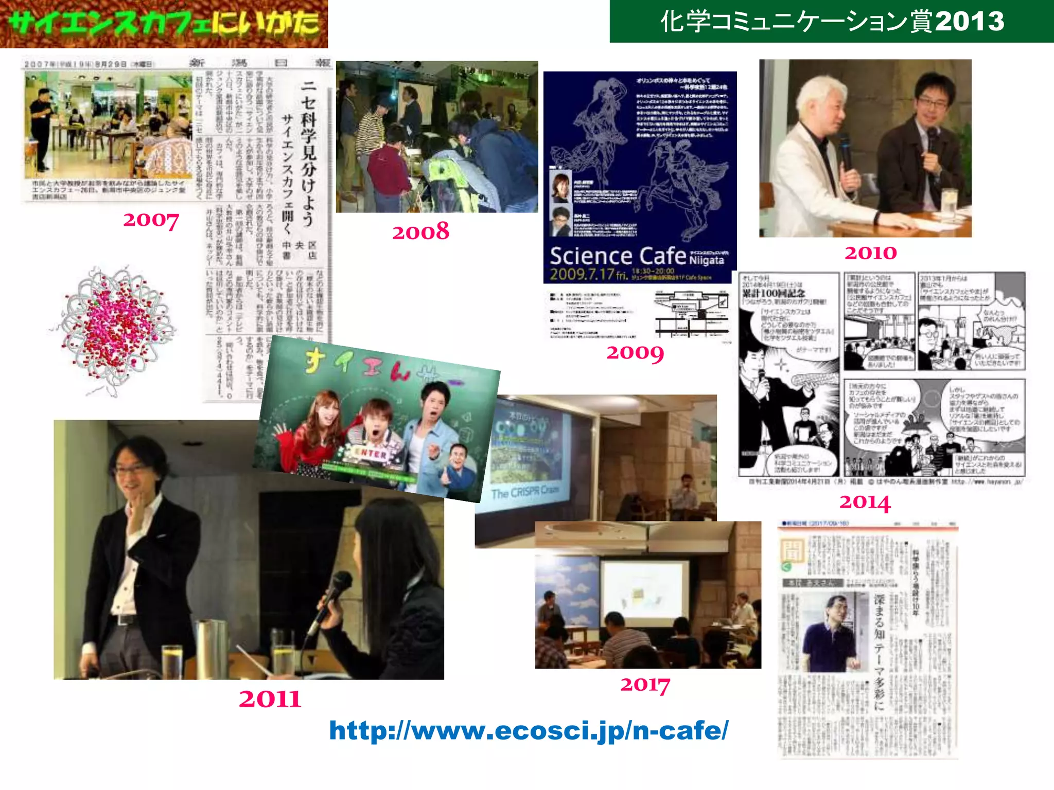 化学コミュニケーション賞2013
2008
2009
2010
2011
2007
2017
2014
http://www.ecosci.jp/n-cafe/
 