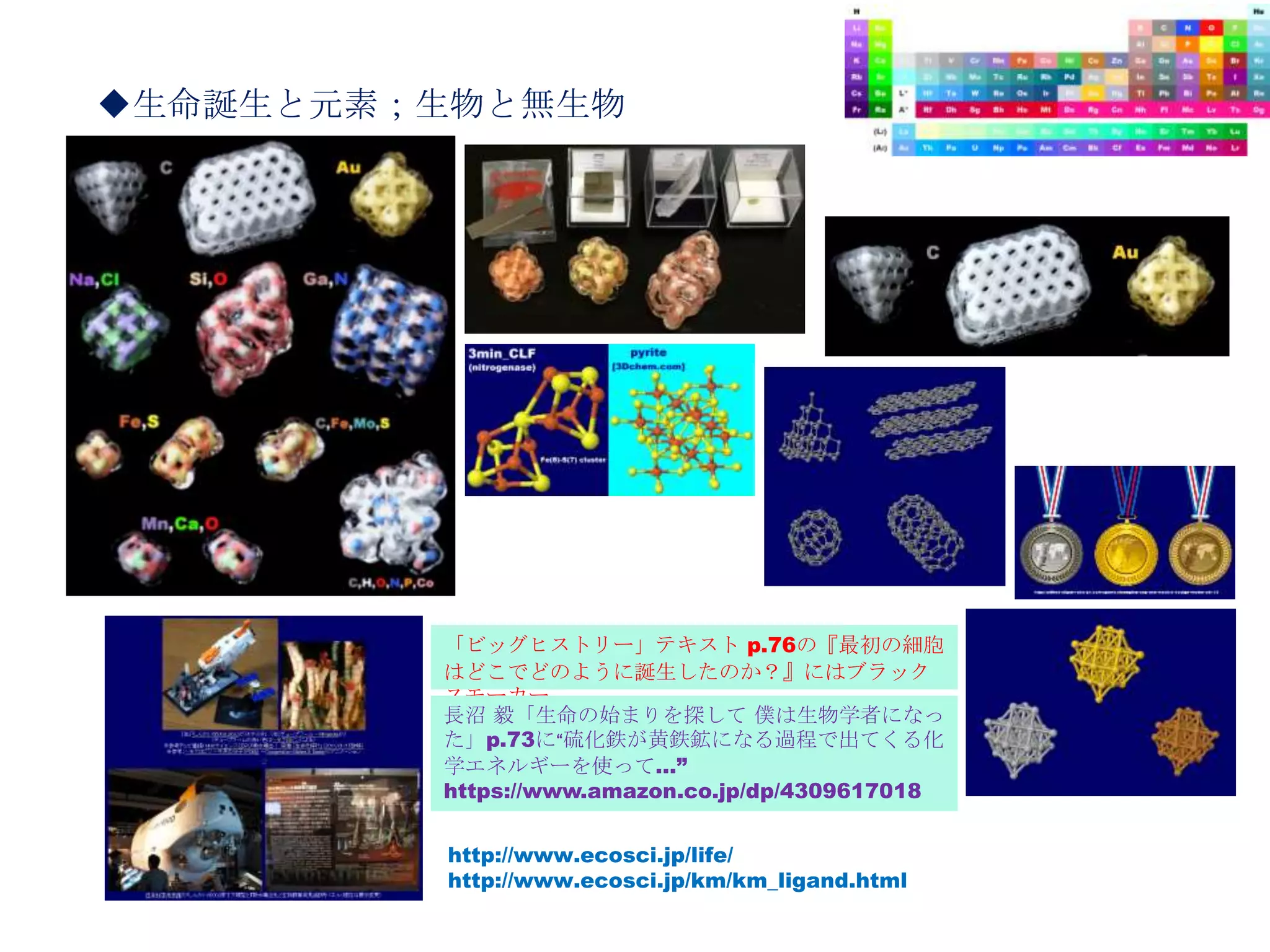 「ビッグヒストリー」テキスト p.76の『最初の細胞
はどこでどのように誕生したのか？』にはブラック
スモーカー。
http://www.ecosci.jp/life/
http://www.ecosci.jp/km/km_ligand.html
長沼 毅「生命の始まりを探して 僕は生物学者になっ
た」p.73に“硫化鉄が黄鉄鉱になる過程で出てくる化
学エネルギーを使って…”
https://www.amazon.co.jp/dp/4309617018
◆生命誕生と元素；生物と無生物
 