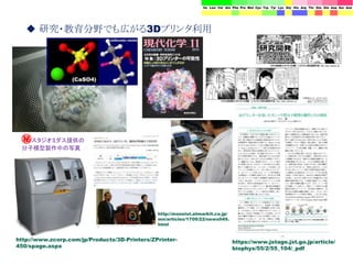 ㊙スタジオミダス提供の
分子模型製作中の写真
◆ 研究・教育分野でも広がる3Dプリンタ利用
http://www.zcorp.com/jp/Products/3D-Printers/ZPrinter-
450/spage.aspx
https://www.jstage.jst.go.jp/article/
biophys/55/2/55_104/_pdf
http://monoist.atmarkit.co.jp/
mn/articles/1709/22/news049.
html
 