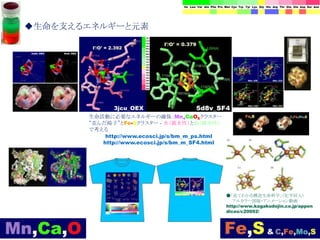 ◆生命を支えるエネルギーと元素
http://www.ecosci.jp/s/bm_m_ps.html
http://www.ecosci.jp/s/bm_m_SF4.html
●「見てわかる構造生命科学」（化学同人）
フルカラー図版・アニメーション動画
http://www.kagakudojin.co.jp/appen
dices/c20092/
生命活動に必要なエネルギーの確保：Mn4CaO5クラスター
“歪んだ椅子”とFe-Sクラスター - 水（親水性）と油（疎水性）
で考える
 