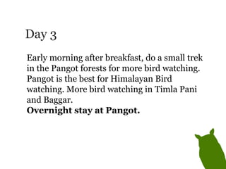 Day 3 Early morning after breakfast, do a small trek in the Pangot forests for more bird watching. Pangot is the best for Himalayan Bird watching. More bird watching in Timla Pani and Baggar.  Overnight stay at Pangot. 