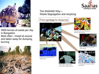 The SAAHAS Way –
                               Waste Segregation and recylcing




4500 tonnes of waste per day
in Bangalore
Most often - mixed at source
and taken away for dumping,
burning
 