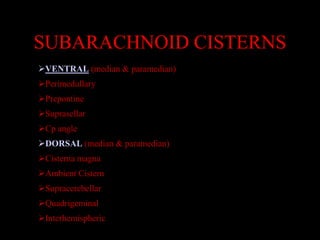 SUBARACHNOID CISTERNS
VENTRAL (median & paramedian)
Perimedullary
Prepontine
Suprasellar
Cp angle
DORSAL (median & paramedian)
Cisterna magna
Ambient Cistern
Supracerebellar
Quadrigeminal
Interhemispheric
 