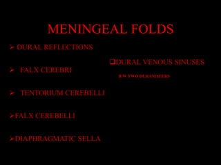 MENINGEAL FOLDS
 DURAL REFLECTIONS

                        DURAL VENOUS SINUSES
 FALX CEREBRI
                          B/W TWO DURAMATERS



 TENTORIUM CEREBELLI


FALX CEREBELLI


DIAPHRAGMATIC SELLA
 