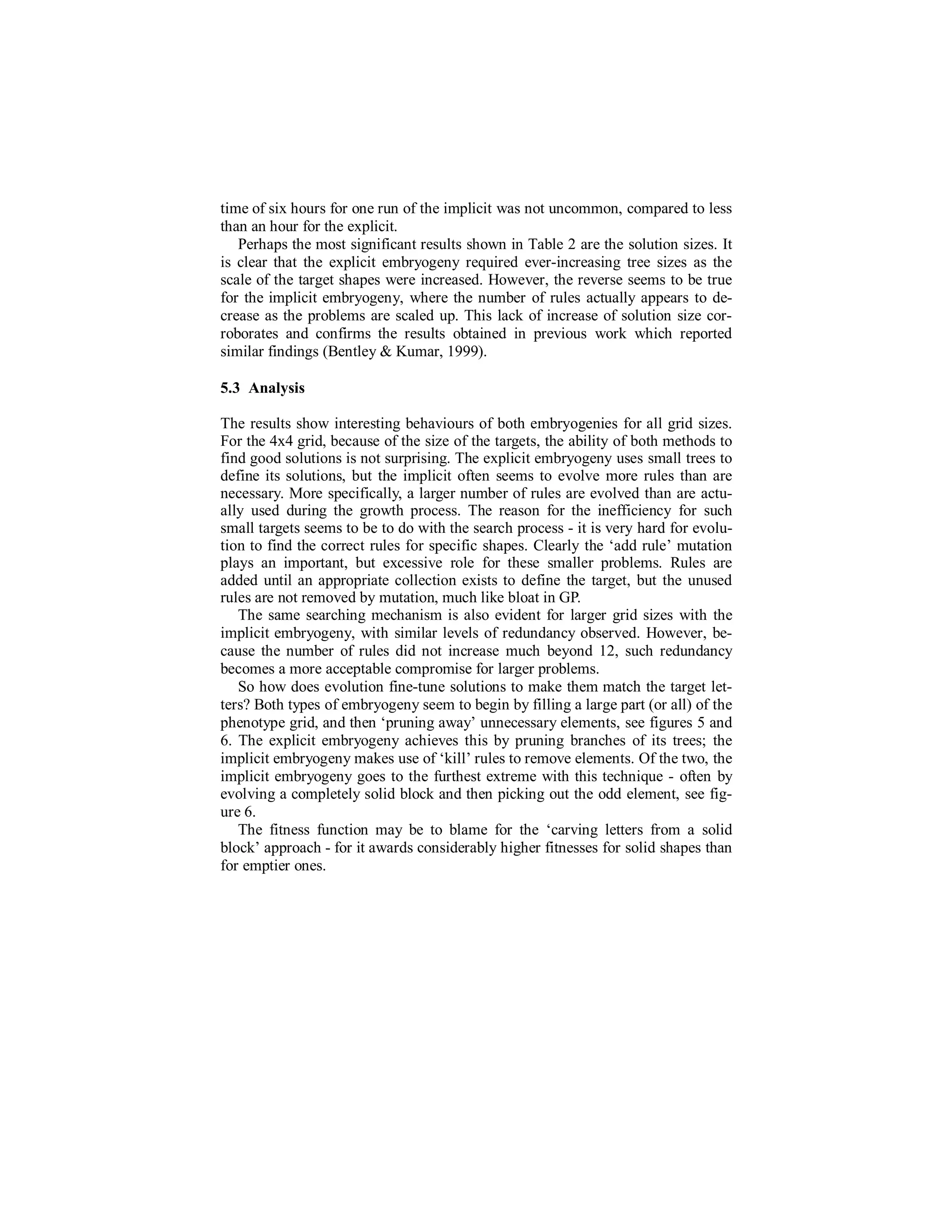 time of six hours for one run of the implicit was not uncommon, compared to less
than an hour for the explicit.
Perhaps the most significant results shown in Table 2 are the solution sizes. It
is clear that the explicit embryogeny required ever-increasing tree sizes as the
scale of the target shapes were increased. However, the reverse seems to be true
for the implicit embryogeny, where the number of rules actually appears to decrease as the problems are scaled up. This lack of increase of solution size corroborates and confirms the results obtained in previous work which reported
similar findings (Bentley & Kumar, 1999).
5.3 Analysis
The results show interesting behaviours of both embryogenies for all grid sizes.
For the 4x4 grid, because of the size of the targets, the ability of both methods to
find good solutions is not surprising. The explicit embryogeny uses small trees to
define its solutions, but the implicit often seems to evolve more rules than are
necessary. More specifically, a larger number of rules are evolved than are actually used during the growth process. The reason for the inefficiency for such
small targets seems to be to do with the search process - it is very hard for evolution to find the correct rules for specific shapes. Clearly the ‘add rule’ mutation
plays an important, but excessive role for these smaller problems. Rules are
added until an appropriate collection exists to define the target, but the unused
rules are not removed by mutation, much like bloat in GP.
The same searching mechanism is also evident for larger grid sizes with the
implicit embryogeny, with similar levels of redundancy observed. However, because the number of rules did not increase much beyond 12, such redundancy
becomes a more acceptable compromise for larger problems.
So how does evolution fine-tune solutions to make them match the target letters? Both types of embryogeny seem to begin by filling a large part (or all) of the
phenotype grid, and then ‘pruning away’ unnecessary elements, see figures 5 and
6. The explicit embryogeny achieves this by pruning branches of its trees; the
implicit embryogeny makes use of ‘kill’ rules to remove elements. Of the two, the
implicit embryogeny goes to the furthest extreme with this technique - often by
evolving a completely solid block and then picking out the odd element, see figure 6.
The fitness function may be to blame for the ‘carving letters from a solid
block’ approach - for it awards considerably higher fitnesses for solid shapes than
for emptier ones.

 