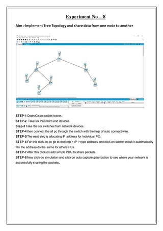Experiment No – 8
Aim:-Implement Tree Topology and share data from one node to another
STEP-1 Open Cisco packet tracer.
STEP-2 Take six PCs from end devices.
Step-3 Take the six switches from network devices.
STEP-4 then connect the all pc through the switch with the help of auto connect wire.
STEP-5 The next step is allocating IP address for individual PC.
STEP-6 For this click on pc go to desktop > IP > type address and click on subnet mask it automatically
fills the address do the same for others PCs.
STEP-7 After this click on add simple PDU to share packets.
STEP-8 Now click on simulation and click on auto capture /play button to see where your network is
successfully sharing the packets.
 