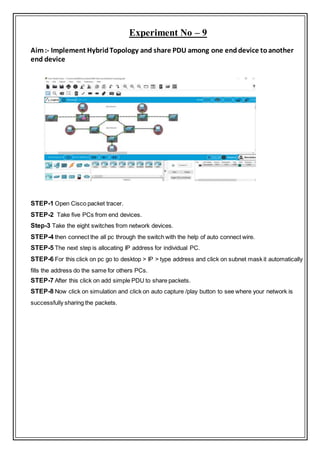 Experiment No – 9
Aim:- Implement HybridTopology and share PDU among one enddevice toanother
end device
STEP-1 Open Cisco packet tracer.
STEP-2 Take five PCs from end devices.
Step-3 Take the eight switches from network devices.
STEP-4 then connect the all pc through the switch with the help of auto connect wire.
STEP-5 The next step is allocating IP address for individual PC.
STEP-6 For this click on pc go to desktop > IP > type address and click on subnet mask it automatically
fills the address do the same for others PCs.
STEP-7 After this click on add simple PDU to share packets.
STEP-8 Now click on simulation and click on auto capture /play button to see where your network is
successfully sharing the packets.
 