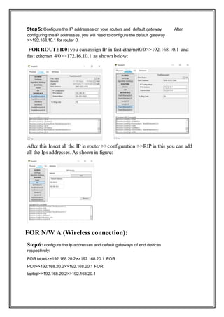 Step5: Configure the IP addresses on your routers and default gateway After
configuring the IP addresses, you will need to configure the default gateway
>>192.168.10.1 for router 0.
FOR ROUTER 0: you can assign IP in fast ethernet0/0>>192.168.10.1 and
fast ethernet 4/0>>172.16.10.1 as shown below:
After this Insert all the IP in router >>configuration >>RIP in this you can add
all the Ips addresses. As shown in figure:
FOR N/W A (Wireless connection):
Step 6: configure the Ip addresses and default gateways of end devices
respectively:
FOR tablet>>192.168.20.2>>192.168.20.1 FOR
PC0>>192.168.20.2>>192.168.20.1 FOR
laptop>>192.168.20.2>>192.168.20.1
 