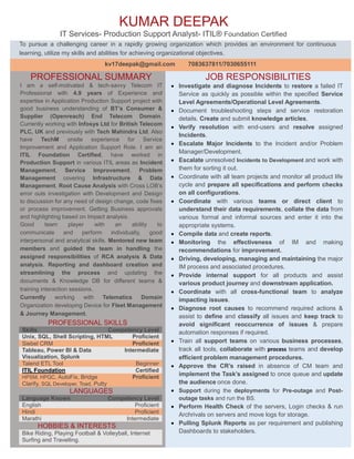 KUMAR DEEPAK
IT Services- Production Support Analyst- ITIL® Foundation Certified
To pursue a challenging career in a rapidly growing organization which provides an environment for continuous
learning, utilize my skills and abilities for achieving organizational objectives.
kv17deepak@gmail.com 7083637811/7030655111
PROFESSIONAL SUMMARY
I am a self-motivated & tech-savvy Telecom IT
Professional with 4.9 years of Experience and
expertise in Application Production Support project with
good business understanding of BT’s Consumer &
Supplier (Openreach) End Telecom Domain.
Currently working with Infosys Ltd for British Telecom
PLC, UK and previously with Tech Mahindra Ltd. Also
have TechM onsite experience for Service
Improvement and Application Support Role. I am an
ITIL Foundation Certified, have worked in
Production Support in various ITIL areas as Incident
Management, Service Improvement, Problem
Management covering Infrastructure & Data
Management, Root Cause Analysis with Cross LOB’s
error outs investigation with Development and Design
to discussion for any need of design change, code fixes
or process improvement. Getting Business approvals
and highlighting based on Impact analysis.
Good team player with an ability to
communicate and perform individually, good
interpersonal and analytical skills. Mentored new team
members and guided the team in handling the
assigned responsibilities of RCA analysis & Data
analysis. Reporting and dashboard creation and
streamlining the process and updating the
documents & Knowledge DB for different teams &
training interaction sessions.
Currently working with Telematics Domain
Organization developing Device for Fleet Management
& Journey Management.
PROFESSIONAL SKILLS
Skills Competency Level
Unix, SQL, Shell Scripting, HTML Proficient
Siebel CRM Proficient
Tableau, Power BI & Data
Visualization, Splunk
Intermediate
Talend ETL Tool Beginner
ITIL Foundation Certified
HPSM, HPQC, AutoFix, Bridge
Clarify, SQL Developer, Toad, Putty
Proficient
LANGUAGES
Language Known Competency Level
English Proficient
Hindi Proficient
Marathi Intermediate
HOBBIES & INTERESTS
Bike Riding, Playing Football & Volleyball, Internet
Surfing and Travelling.
JOB RESPONSIBILITIES
 Investigate and diagnose Incidents to restore a failed IT
Service as quickly as possible within the specified Service
Level Agreements/Operational Level Agreements.
 Document troubleshooting steps and service restoration
details. Create and submit knowledge articles.
 Verify resolution with end-users and resolve assigned
Incidents.
 Escalate Major Incidents to the Incident and/or Problem
Manager/Development.
 Escalate unresolved Incidents to Development and work with
them for sorting it out.
 Coordinate with all team projects and monitor all product life
cycle and prepare all specifications and perform checks
on all configurations.
 Coordinate with various teams or direct client to
understand their data requirements, collate the data from
various formal and informal sources and enter it into the
appropriate systems.
 Compile data and create reports.
 Monitoring the effectiveness of IM and making
recommendations for improvement.
 Driving, developing, managing and maintaining the major
IM process and associated procedures.
 Provide internal support for all products and assist
various product journey and downstream application.
 Coordinate with all cross-functional team to analyze
impacting issues.
 Diagnose root causes to recommend required actions &
assist to define and classify all issues and keep track to
avoid significant reoccurrence of issues & prepare
automation responses if required.
 Train all support teams on various business processes,
track all tools, collaborate with process teams and develop
efficient problem management procedures.
 Approve the CR’s raised in absence of CM team and
implement the Task’s assigned to once queue and update
the audience once done.
 Support during the deployments for Pre-outage and Post-
outage tasks and run the BS.
 Perform Health Check of the servers, Login checks & run
Archrivals on servers and move logs for storage.
 Pulling Splunk Reports as per requirement and publishing
Dashboards to stakeholders.
 
