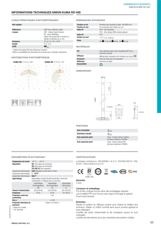 ENSEMBLES ET SUPPORTS

SIMON KUMA RD HID

INFORMATIONS TECHNIQUES SIMON KUMA RD HID
CARACTÉRISTIQUES PHOTOMÉTRIQUES*
Bloc optique
SRD micro-réﬂecteur routier
SHP - Sodium Haute Pression
IM - Iodure Métallique
Utiliser des lampes IM en fonction du
tableau d'intensités (A), p. 261.
35, 50, 70, 100, 150 W
E-27, G12

Réﬂecteurs
Lampes

Puissance
Douille
ULOR

E2
* Utiliser des lampes SHP sans démarreur incorporé.
Vériﬁer la compatibilité des dimensions de la lampe avec le réﬂecteur sélectionné.

DISTRIBUTION PHOTOMÉTRIQUE
KUMA RD 70 W G12 360°

KUMA RD 70 W E27 180°

DIMENSIONS PHYSIQUES
Semelles avec goussets et tiges : M22x600 mm.
Par accessoire avec ﬁxation au mur.
IP44 - bloc électrique
IP54 - bloc optique (IP66 module optique)
IK10

Fixation au sol
Fixation au mur
Indice IP
Indice IK
Surface au vent

4 m : 0,88 m²

Poids

GV

73 kg, AS

38 kg , SS

54 kg

MATÉRIAUX
Fût

Acier galvanisé peint, acier inoxydable AISI 316 ou
aluminium extrudé.

Diffuseur

Méthacrylate transparent très résistant aux chocs.
Porte de visite avec clé triangulaire
Aluminium anodisé

Fermeture
Réﬂecteur
Recyclabilité

DIMENSIONS



‘

M22

115x400
L = 600 mm

300

FINITIONS
Acier inoxydable
Aluminium extrudé
Acier galvanisé peint
Acier galvanisé peint

PARAMÈTRES ÉLECTRIQUES*
Température de travail
Régulation

Impreso: 2013-05-13

uniquement électroniques
uniquement électroniques
uniquement électroniques
Appareillage

Tension d'alimentation
Fréquence
Protection contre les
surtensions
Cos ĳ
Protection électrique du
luminaire
* Dépend du modèle
** Sur demande

SIMON LIGHTING, S.A.

SS
AS
Corps : Couleurs Simon Lighting
(Anneaux enjoliveurs GY9006)
Corps : Autres couleurs RAL
(Anneaux enjoliveurs GY9006)

CERTIFICATIONS

-40 °C … +40 °C
2N- Sans ligne de commande
2N+ Avec ligne de commande
1N (100 %) Sans régulation
CAD Régulateur de ﬂux situé à la tête
1 - 10 V**
DALI**
Appareillage compact dernière génération, démarreur,
condensateur et câblage dans un seul bloc.
Appareillage
Appareillage
Appareillage
électronique
ferromagnétique
ferromagnétique
EL
EG
EM
220-240 Vac
220-240 Vac
220-240 Vac
50 Hz
60 Hz
50 / 60 Hz
4 kV
≥ 0,95
Classe I ou Classe II

Luminaire conforme à : EN-60598-1 et 2-3 / EN-ISO-55015 / EN61547 / EN 61000-3-2 et 3-3

ES-0042 / 1995

Garantie
2 ans.
Livraison et emballage
Fût et bloc optique fournis dans des emballages séparés.
Les modèles FPF sont fournis avec tiges d'ancrage et gabarit.
Fourni sans lampes.
Entretien
Garder la surface du diffuseur propre pour obtenir le meilleur ﬂux
lumineux. Utiliser un chiffon humide sans aucun produit agressif et
sans détergent.
Lubriﬁer les joints d'étanchéité et les remplacer quand ils sont
craquelés.
Lubriﬁer les fermetures et/ou les charnières des parties mobiles.

53

 