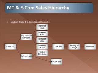 MT & E-Com Sales Hierarchy
 Modern Trade & E-Com Sales Hierarchy
Sales VP
Key Account
Manager
RSM MT
North
RSM MT
East
RSM MT
West
RSM MT
South
ASM MT
Territory In-
Charge
Promoter
E-Com KAM
Seller/
Distributer
E-Com Site
 