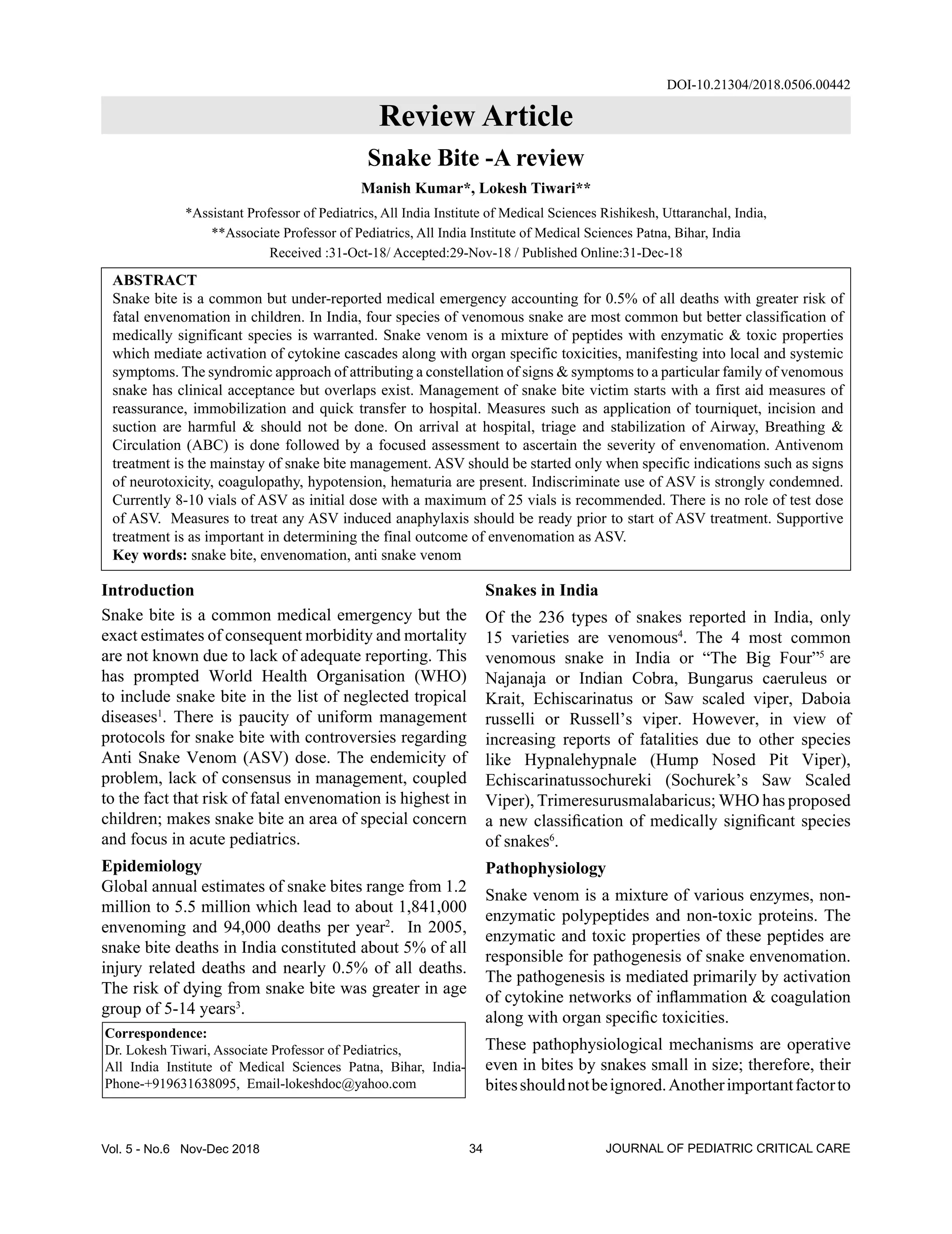 Kumar m, tiwari l. snake bite a review jpcc 2018 PDF