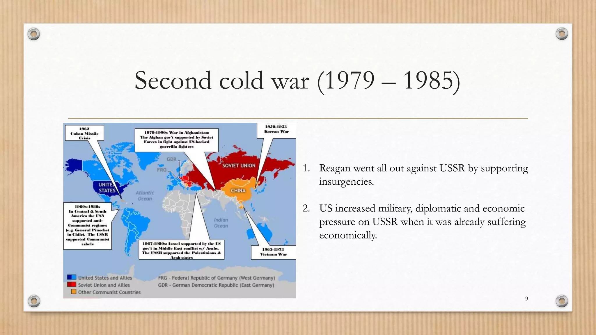 Second cold war (1979 – 1985)
9
1. Reagan went all out against USSR by supporting
insurgencies.
2. US increased military, diplomatic and economic
pressure on USSR when it was already suffering
economically.
 