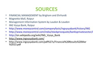 SOURCES 
• FINANCIAL MANAGEMENT by Brigham and Ehrhardt 
• Magnetto Mall, Raipur 
• Management Information System by Laudon & Loudon 
• ING Vysya Bank, Raipur 
• http://www.moneycontrol.com/companyfacts/ingvysyabank/history/ING 
• http://www.moneycontrol.com/india/stockpricequote/banksprivatesector/ingvysyabank/• http://en.wikipedia.org/wiki/ING_Vysya_Bank 
• http://www.ingvysyabank.com/ 
• http://www.ingvysyabank.com/pdf%27s/Financial%20Results%20Mar 
%2013.pdf 
