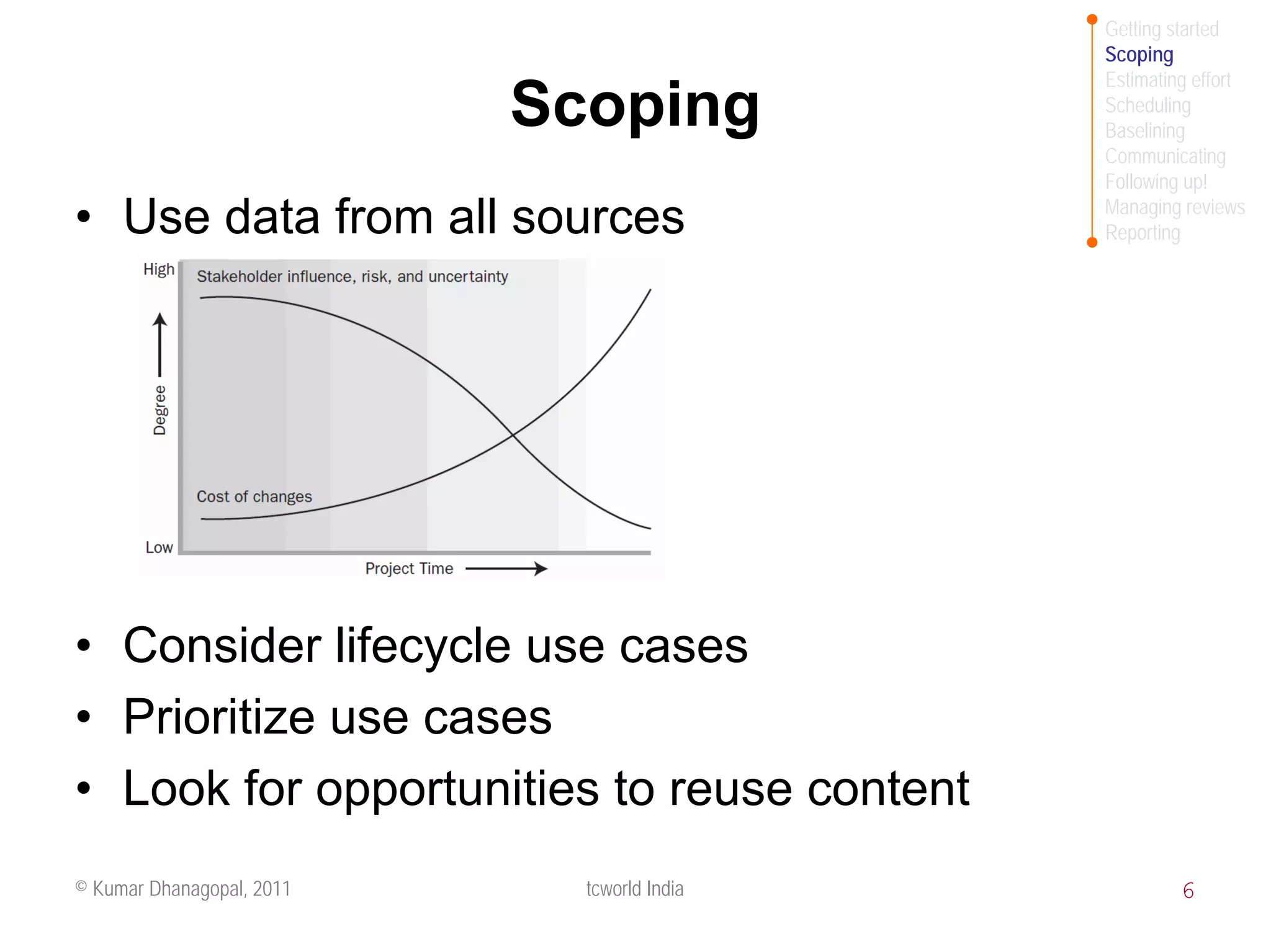 Getting started
                                             Scoping
                                             Estimating effort
                           Scoping           Scheduling
                                             Baselining
                                             Communicating
                                             Following up!
                                             Managing reviews
• Use data from all sources                  Reporting




• Consider lifecycle use cases
• Prioritize use cases
• Look for opportunities to reuse content
© Kumar Dhanagopal, 2011     tcworld India            6
 