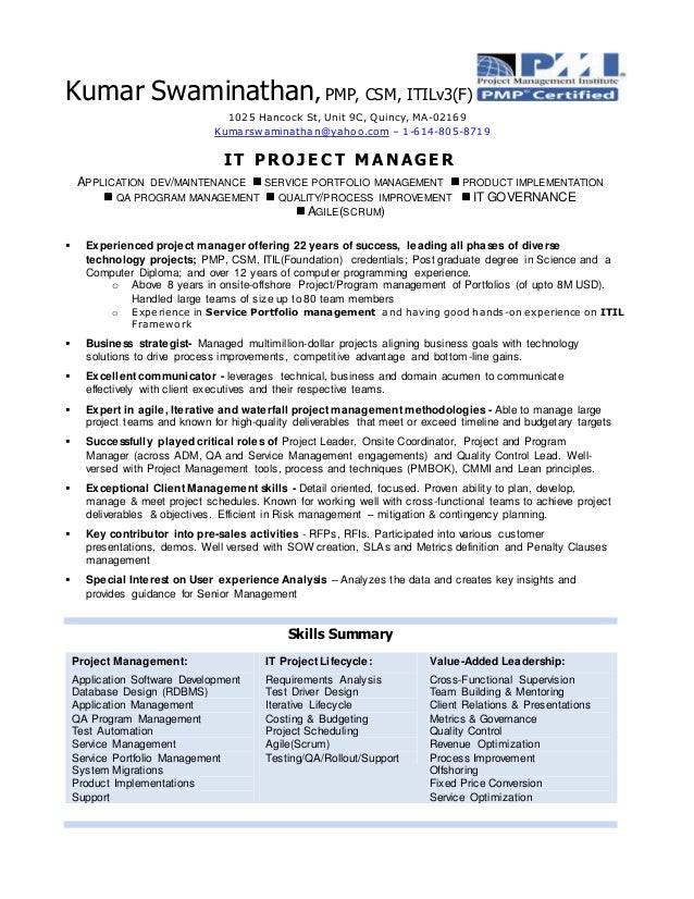 kumar swaminathan resume pmp csm itil j2ee project manager resume