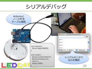 シリアルデバッグ 
30 
Arduinoと 
ノートPCを 
ケーブル接続 
void setup() { 
Serial.begin(9600); 
} 
void loop() { 
Serial.println(Hello!!); 
Serial.println(num); 
num++; 
delay(1000); 
} 
シリアルモニタで 
出⼒力力を確認 
 