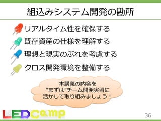 組込みシステム開発の勘所 
リアルタイム性を確保する 
既存資産の仕様を理理解する 
理理想と現実のぶれを考慮する 
クロス開発環境を整備する 
36 
本講義の内容を 
“まずは”チーム開発実習に 
活かして取り組みましょう！ 
 

